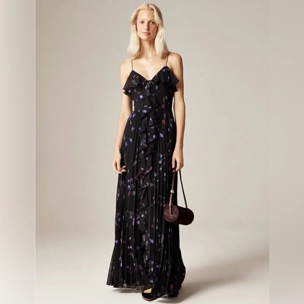 NWT J.Crew Festive Chiffon Floral Pleated Maxi Dress Ruffle Front Evening Gown
